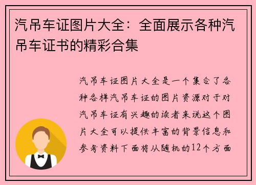 汽吊车证图片大全：全面展示各种汽吊车证书的精彩合集