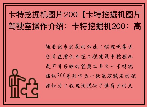 卡特挖掘机图片200【卡特挖掘机图片驾驶室操作介绍：卡特挖掘机200：高效稳定，助力工程建设】